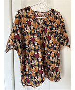 Womens Medical Nursing Scrub Top Scarecrow Pilgrim Size L Pocket Made in... - $12.21 CAD