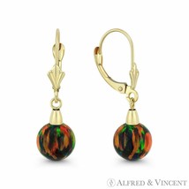 Black Lab-Created Fire Opal Ball 14k Yellow Gold Leverback Dangle Drop Earrings - £101.02 GBP+