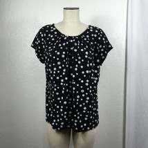 Worthington Woman Stretch 1X Pullover Shirt Black White Polka Dots Pleated Front - $24.74