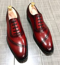 Men&#39;s Maroon Black Oxford Derby Formal Dress Magnificent Genuine Leather Shoes  - £118.61 GBP+