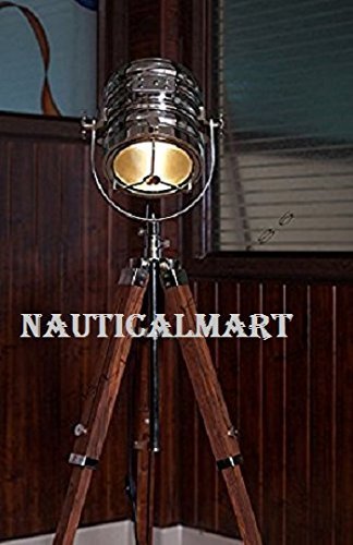 Primary image for Designer Classic Chrome Nautical Tripod Floor Lamp, Abrasive Teak Tripod Floor L