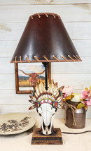 Western Cow Skull with Tribal Indian Chief Feathers Roach Headdress Table Lamp - £61.53 GBP