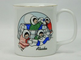 Vintage 90s Alaska Eskimo Inuit Family building Igloo Coffee Mug Cup Gold Trim - £27.33 GBP