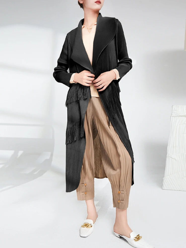 GVUW Chic Tel Pleated Midi Trench Coat Women Cardigan Long Sleeve Lapel Solid Co - £219.82 GBP