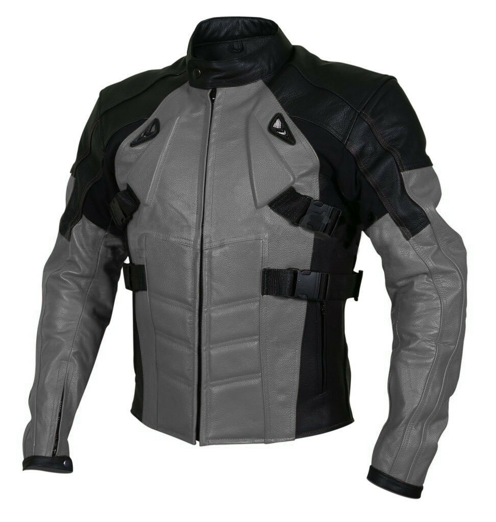 Men Black Gray Cont Motor Bike Front Zipper Genuine Leather Safety Pads jacket