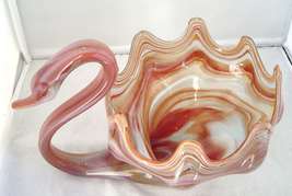  Vintage Orange and White Swirls Hand Blown Art Glass Swan Bowl Dish 11.5&quot; X 8&quot; - £23.67 GBP