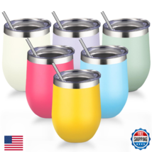 12oz/6 Pack Stainless Steel Wine Tumbler with Lid and Straw, Double Wall... - $65.92