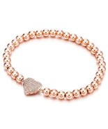 Rose Gold Color Beads Link Charm Bracelet for Women Cubic Zirconia Heart... - £32.83 GBP