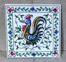 Vintage Madalena Hand Painted Folk Art Rooster Tile Trivet Farmcore Cottagecore - £7.79 GBP