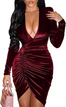 YMDUCH Women&#39;s Sexy Long Sleeve V Neck Ruched Bodycon Wrap Mini Dress - ... - $18.40