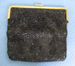 Vintage Black Beaded Floral Pattern Evening Bag Clutch Purse - £7.93 GBP