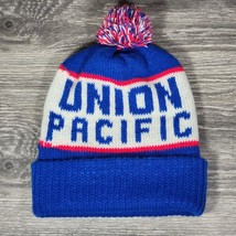 VTG Union Pacific Railroad Beanie Knit Hat Cap Adult OSFM Winter Blue Pom Train - £17.99 GBP