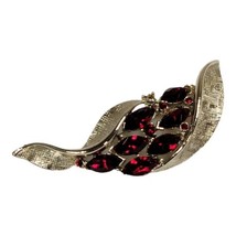 Vintage Lisner Signed Designer Red Glass Gold Tone Textured Brushed LEAF... - £37.36 GBP