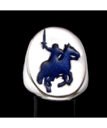 Oval Sterling silver men&#39;s ring Medieval Knight on Horse in Blue enamel ... - £94.42 GBP