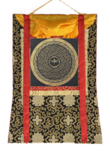 HAND-PAINTED TIBETAN OM MANI PADME HUM MANTRA MANDALA THANGKA WITH SILK ... - $134.00