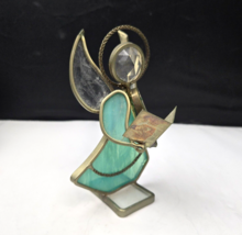 Vintage Stained Glass Angel Singing Handmade Signed Terry 86 Green &amp; Clear - $14.99