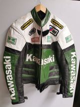 New Men Kawasaki Vintage Style Customized Motorcycle Racing Leather Jacket  - £141.64 GBP