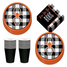 Halloween Party Black Plaid Spider Paper Dessert Plates, &quot;Here For The Boos&quot; Bev - £11.47 GBP