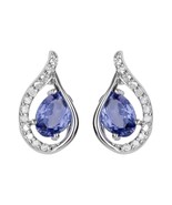 10k White Gold Genuine Oval Tanzanite and Diamond Curved Halo Drop Earrings - £148.23 GBP