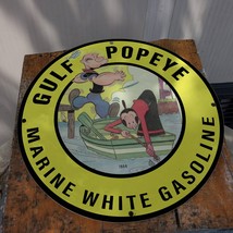 Vintage 1954 Gulf Marine White Gasoline &#39;&#39;Popeye&#39;&#39; Porcelain Gas &amp; Oil Sign - £98.32 GBP