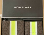 Michael Kors Billfold Wallet Box Set Brown Neon Green Logo 36H1LGFF1B NI... - $63.35