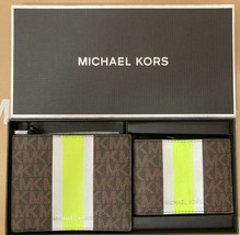 Michael Kors Billfold Wallet Box Set Brown Neon Green Logo 36H1LGFF1B NI... - £49.48 GBP