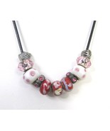 Lampwork Glass Bead Necklace Red and Pink Cupcake Slide Charms on Black ... - £11.46 GBP