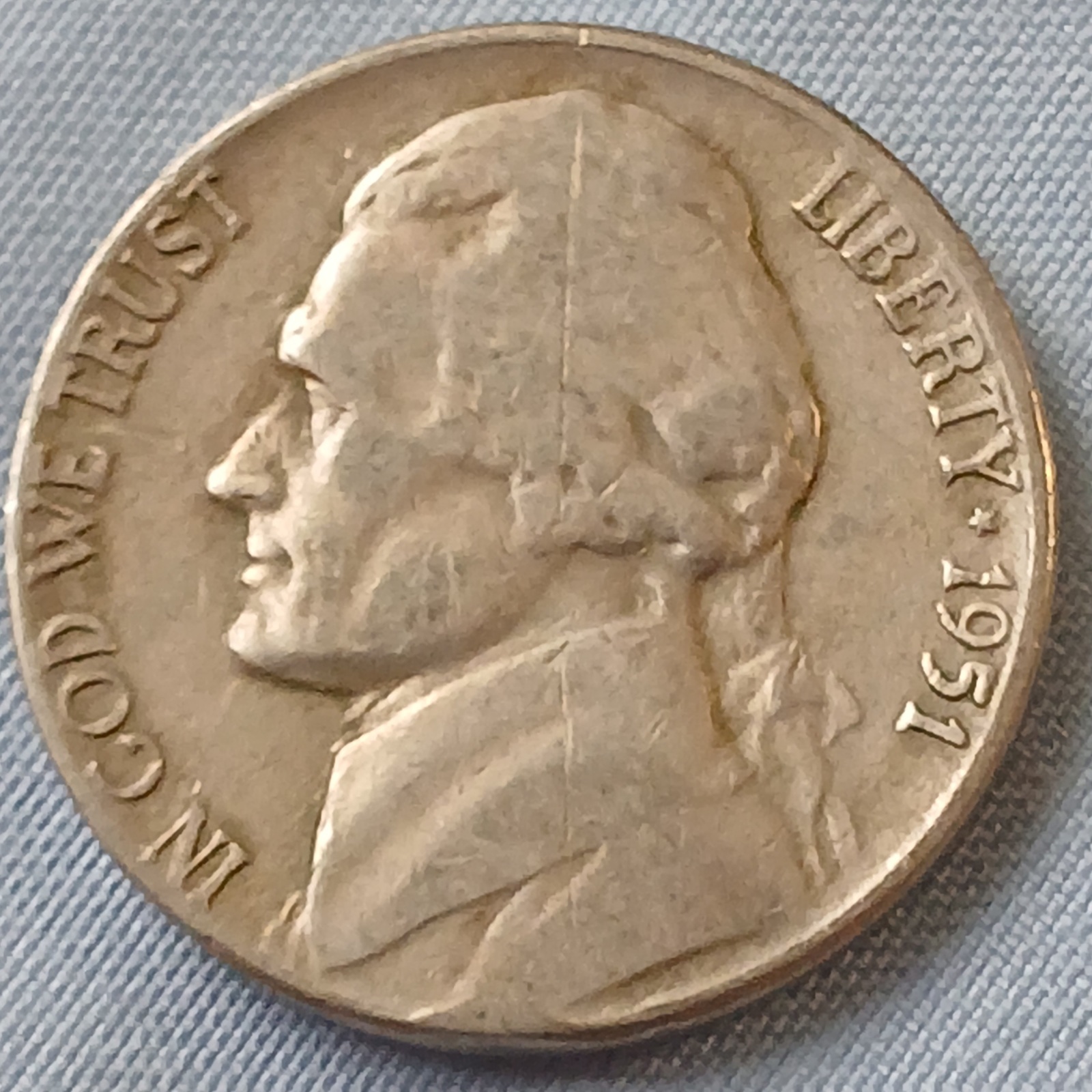 US 1951 JEFFERSON NICKEL - Philadelphia Issue - Nice 74 yr old CIRC Coll... - $3.35