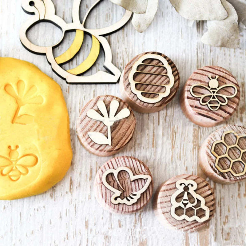6pcs/set Montessori Wooden Play Dough Stamps Open Ended Play Toys With Kids - £17.34 GBP