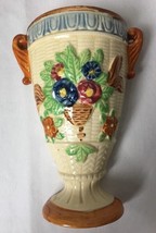 Vintage Wicker Look Urn Wall Pocket Vase with Flowers Made In Japan 6.5&quot; - £31.92 GBP