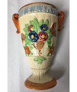 Vintage Wicker Look Urn Wall Pocket Vase with Flowers Made In Japan 6.5&quot; - £31.83 GBP