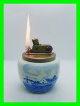 Vintage Push Button Petrol Lighter ~ M.W. Kellogg Blue Delfts Holland Windmills  - £51.42 GBP