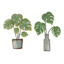 Set of 2 Metal Tropical Monstera Potted Plant Wall Art Sculpture Hanging Decor - £27.67 GBP