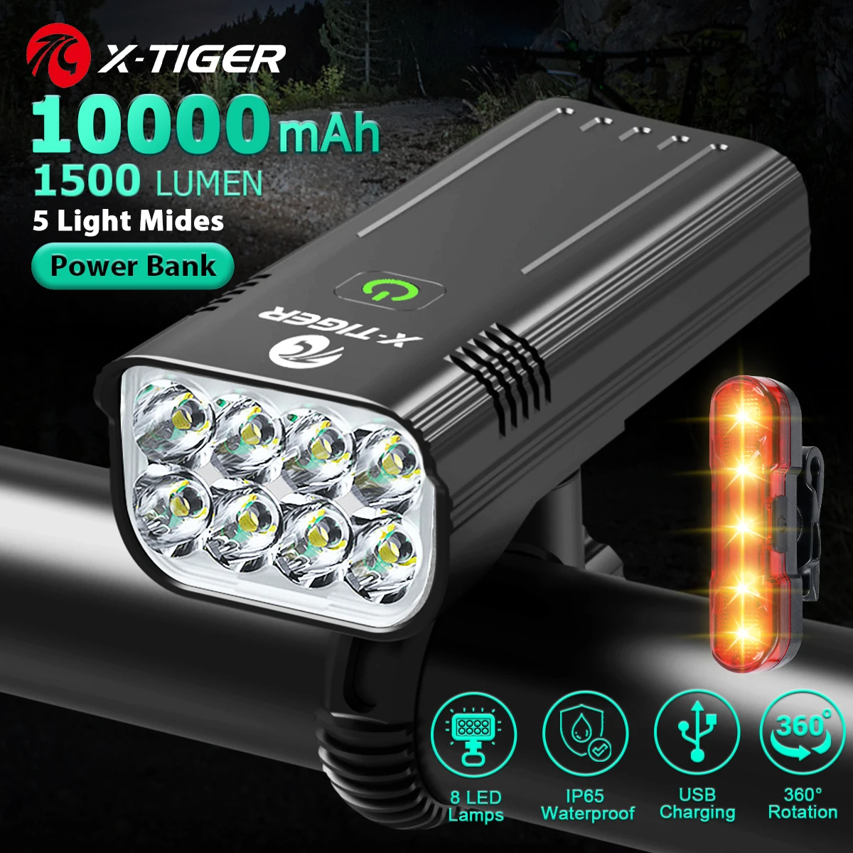 X-TIGER 8LED Bike Light USB Rechargeable 10000mAh Battery LED Bicycle Light - £40.19 GBP+