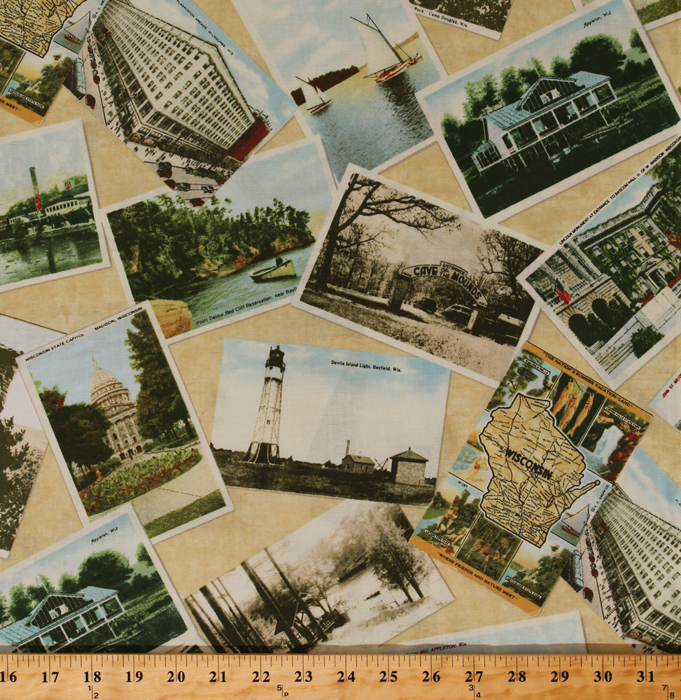 Cotton Wisconsin Postcards Tourists Travel USA Cotton Fabric Print BTY D... - $5.97