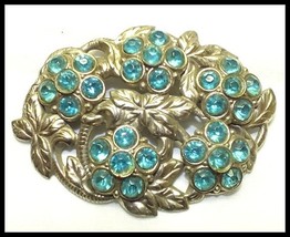 Vintage Oval Floral with Blue Rhinestone Silvertone Pin FREE SHIPPING  - £10.79 GBP