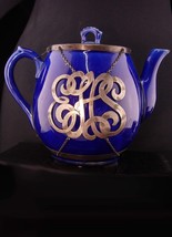 Antique Personalized silver overlay Victorian teapot - ELCS initial silver cobal - £116.46 GBP