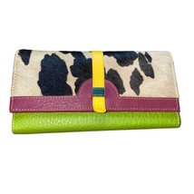 Genuine leather trifold  multi compartment wallet hair on hide w/ bright... - $46.47