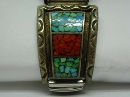 Old Pawn Navajo Big Turquoise &amp; Coral Inlay Sterling Watch Tips Signed - £294.91 GBP