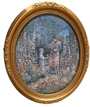 Victorian Style Oval Framed Floral Garden Scene Print With Gold Ornate Frame - £55.85 GBP