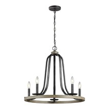 Rustic 5 Light Dimmable Farm Home Circle Metal Chandelier Oak Finish - $405.49