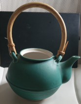 Ceramic Tea Pot No Lid Wood Handle Solid Green Glazed Inside Decorative ... - $17.99