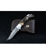 Custom Made Damascus Steel Pocket Knife Stag &amp; Wood Handle - $39.56