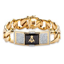 14K Gold Masonic Mason Emerald Cut Black Onyx 8&quot; Gp CURB-LINK Bracelet - £234.31 GBP