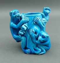 Old Chinese Glazed Turquoise Blue Monkey Figures On Tree Trunk Porcelain... - £258.98 GBP