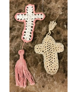 Vtg Lot of 2 Hand Crocheted CROSS Bookmarks w/Tassels Cotton Pnk Cream W... - $13.48 CAD