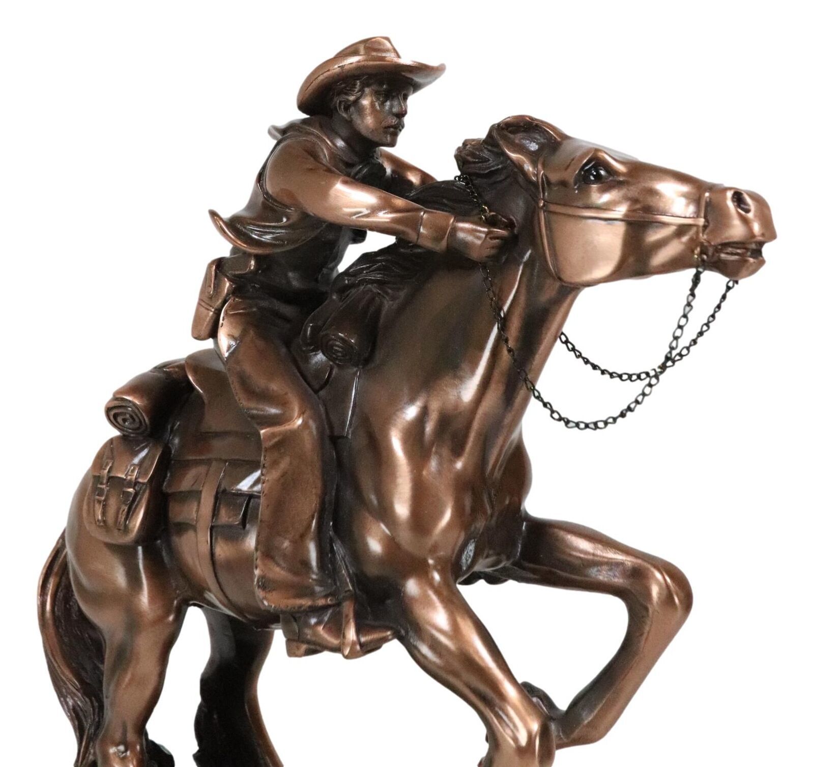 Rustic Western Wild Cowboy Bracing On A Galloping Horse Bronzed Resin Statue Item image 5