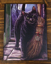 Brush With Magick Black Cat With Pentagram Broom Wood Framed Canvas Wall Decor - £14.85 GBP