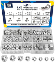 Stainless Steel Hex Nuts Assortment Kit - 405 Pcs SAE Sizes - $597.97 MXN