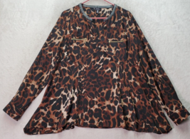 Rafaella Draped Blouse Top Women&#39;s L Brown Black Leopard Print Leather Trim Neck - £13.87 GBP